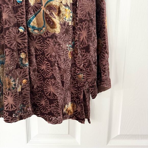Citron Brown Velvet Butterfly Mandarin Collar Neck Button Up Blouse Small Asian - Picture 3 of 12